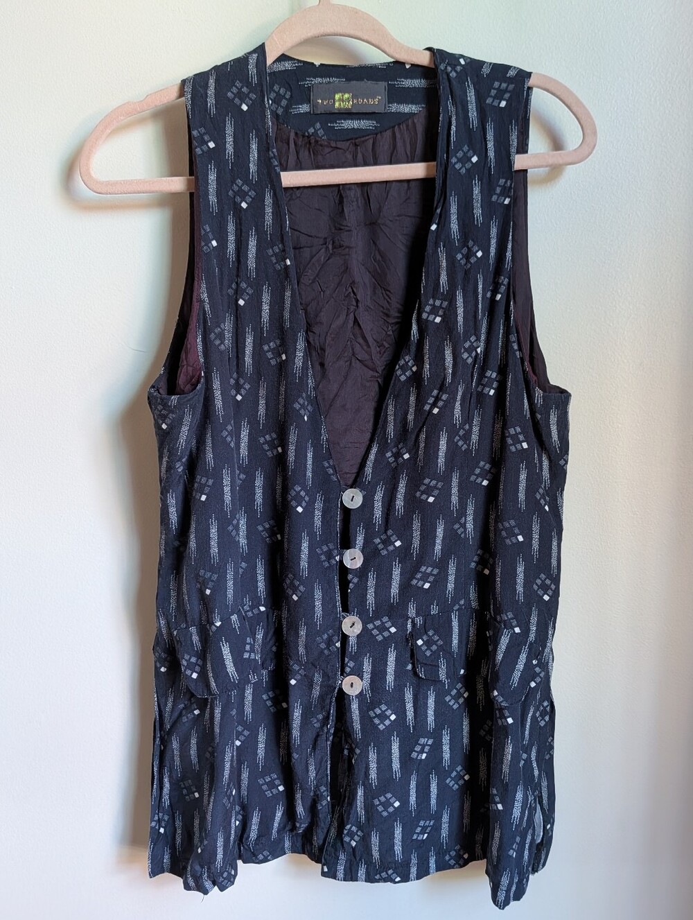 VINTAGE Navy White Sleeveless Minimalist Patterned Button-Front Vest Size Medium - Picture 2 of 12